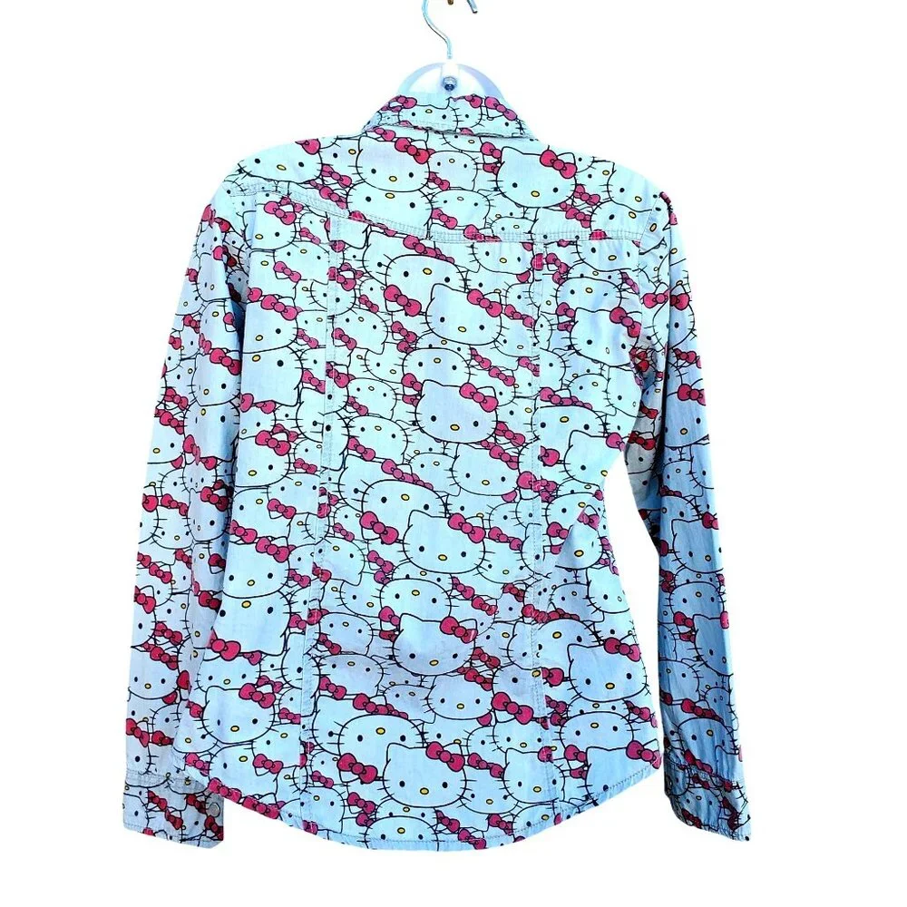 Hello Kitty Pearl Snap Shirt Cotton Long Sleeve Western Womens S Blue Gray - Picture 3 of 10